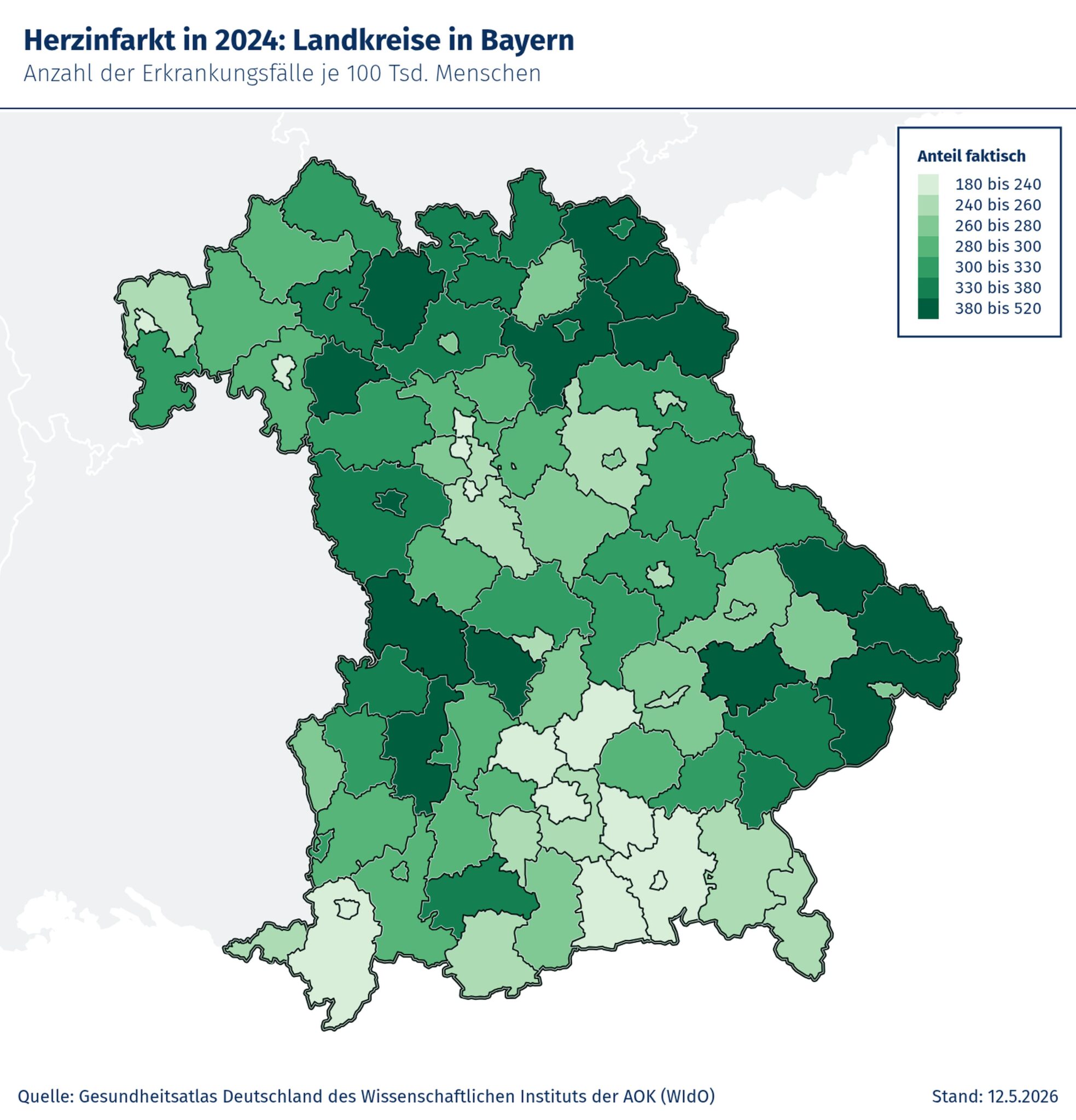 Bildunterschrift: Die Bayernkarte zeigt, wie unterschiedlich hoch die Herzinfarktraten in den Landkreisen und kreisfreien Städten im Freistaat sind. Urhebervermerk: © Gesundheitsatlas des Wissenschaftlichen Instituts der AOK (WIdO)