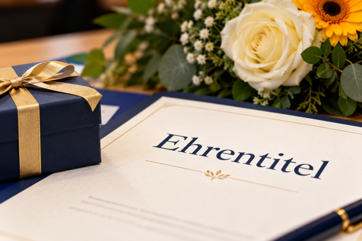 Ehrentitel mit Blumen und Geschenk Symbolbild-KI