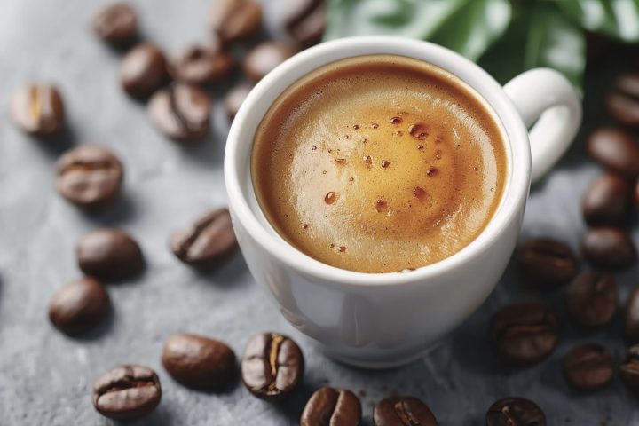 Coffee cup placed to the coffee beans. On the white table in day light. From the top. Copy space.
