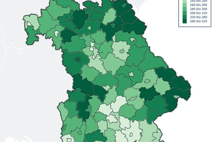 Bildunterschrift: Die Bayernkarte zeigt, wie unterschiedlich hoch die Herzinfarktraten in den Landkreisen und kreisfreien Städten im Freistaat sind. Urhebervermerk: © Gesundheitsatlas des Wissenschaftlichen Instituts der AOK (WIdO)