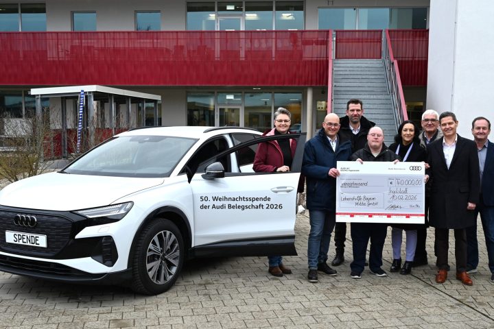 v. l. n. r.: Karola Frank (Stellv. Betriebsratsvorsitzende, AUDI AG), Jörg Schlagbauer (Betriebsratsvorsitzender, AUDI AG), Thomas Wendl (Leiter Betriebsrat Service, AUDI AG), Jörg Palmann (Mitarbeiter, Lebenshilfe), Rita Beck (Stellv. Betriebsratsvorsitzende, AUDI AG), Wendelin Göbel (Vorsitzender des Aufsichtsrats, Lebenshilfe), Xavier Ros (Arbeitsdirektor und Vorstand für Personal, AUDI AG), Rudolf Gegger (Prokurist, Donaukurier)